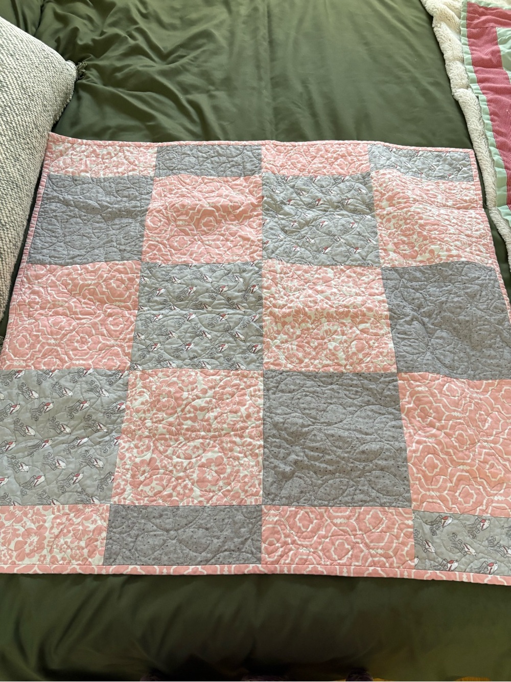 Soft Pink and Gray Patchwork Baby Quilt - handmade